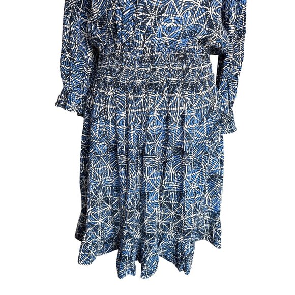Maje‎ Dress Size 42 / Large Printed Viscose Smocking Ruffle Indigo Black $385 - Picture 3 of 13